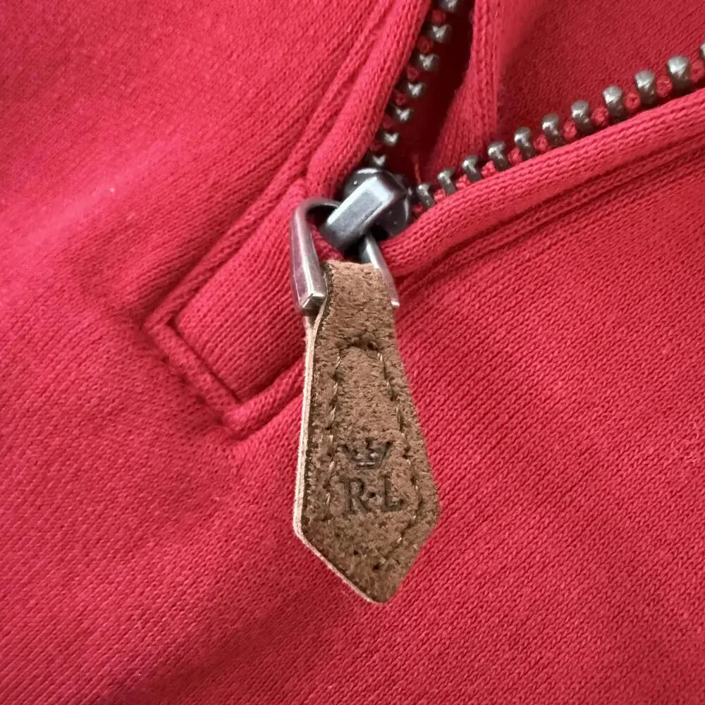 POLO RALPH LAUREN Boys Red Cotton Quarter Zip Leather pull SZ 5 Luxury Preppy‎